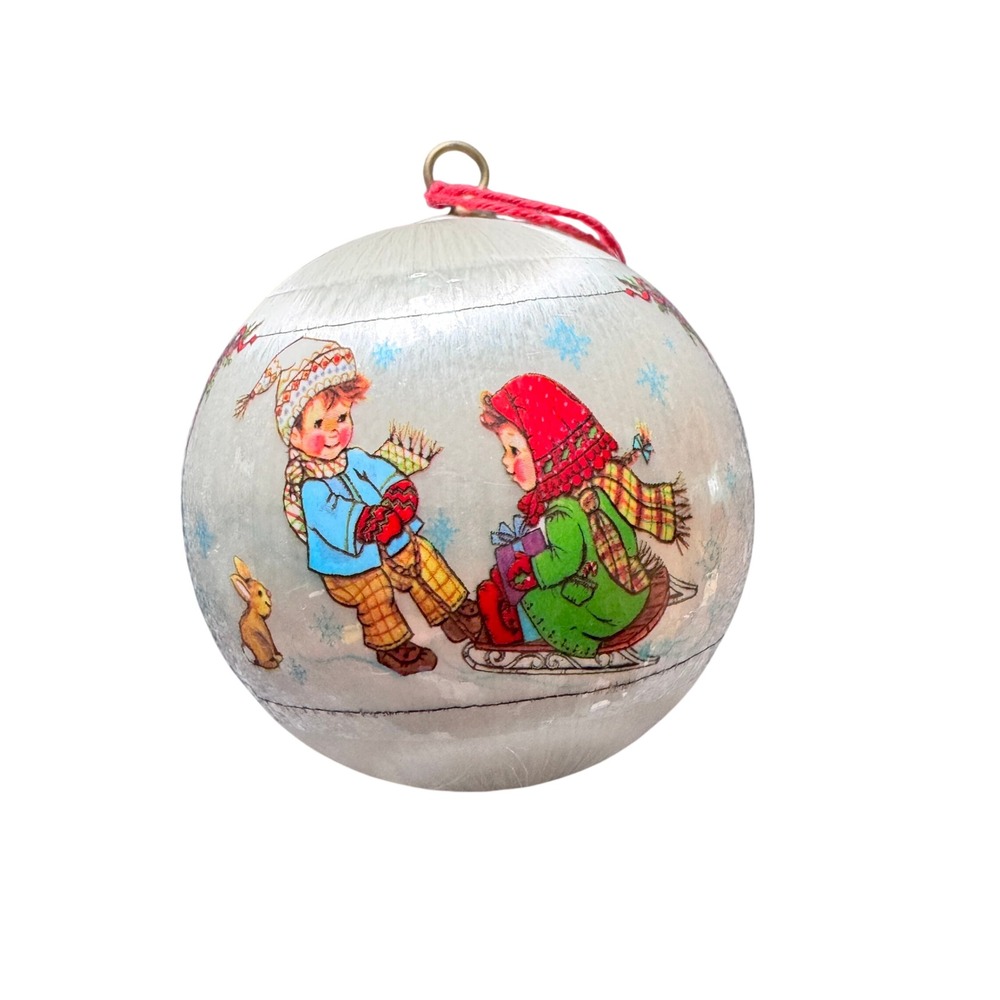 Vintage Christmas Ornament Kids Sledding Children Winter Scene Round Ball 3D‎